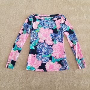 Lilly Pulitzer Floral Aleah Top In High Tide Navy Hey Hey Bouquet Size XXS